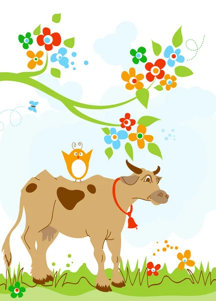 可爱的奶牛和鸟友谊 — 图库矢量图片