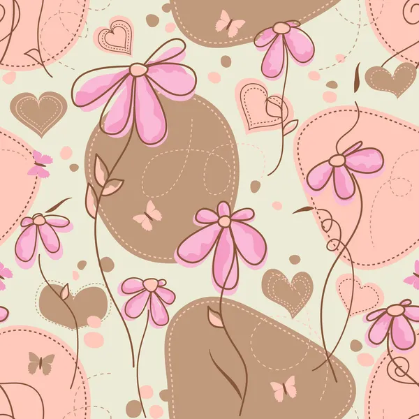 ピンクの花と心のシームレスなパターン — ストックベクタ