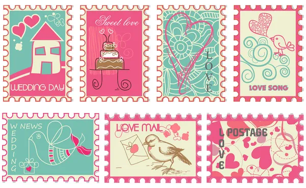 可爱的复古婚礼邮票 — 图库矢量图片
