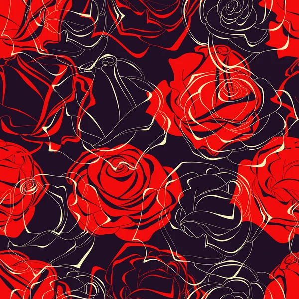 Rosas rojas sobre fondo oscuro patrón sin costuras — Vector de stock