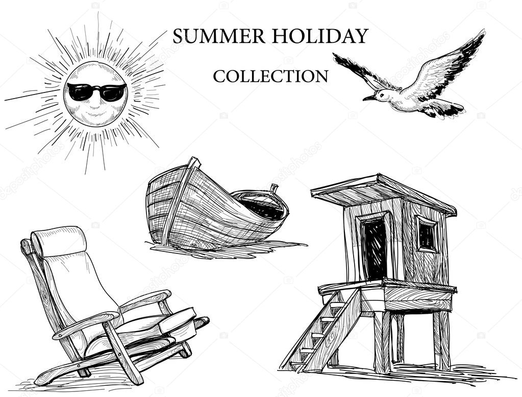 Summer beach collection of drawings