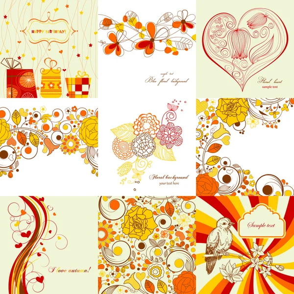 Vector conjunto de tarjetas de felicitación en colores otoñales — Vector de stock