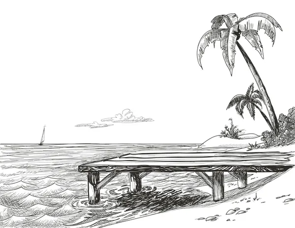 Playa, mar y embarcadero de madera — Archivo Imágenes Vectoriales