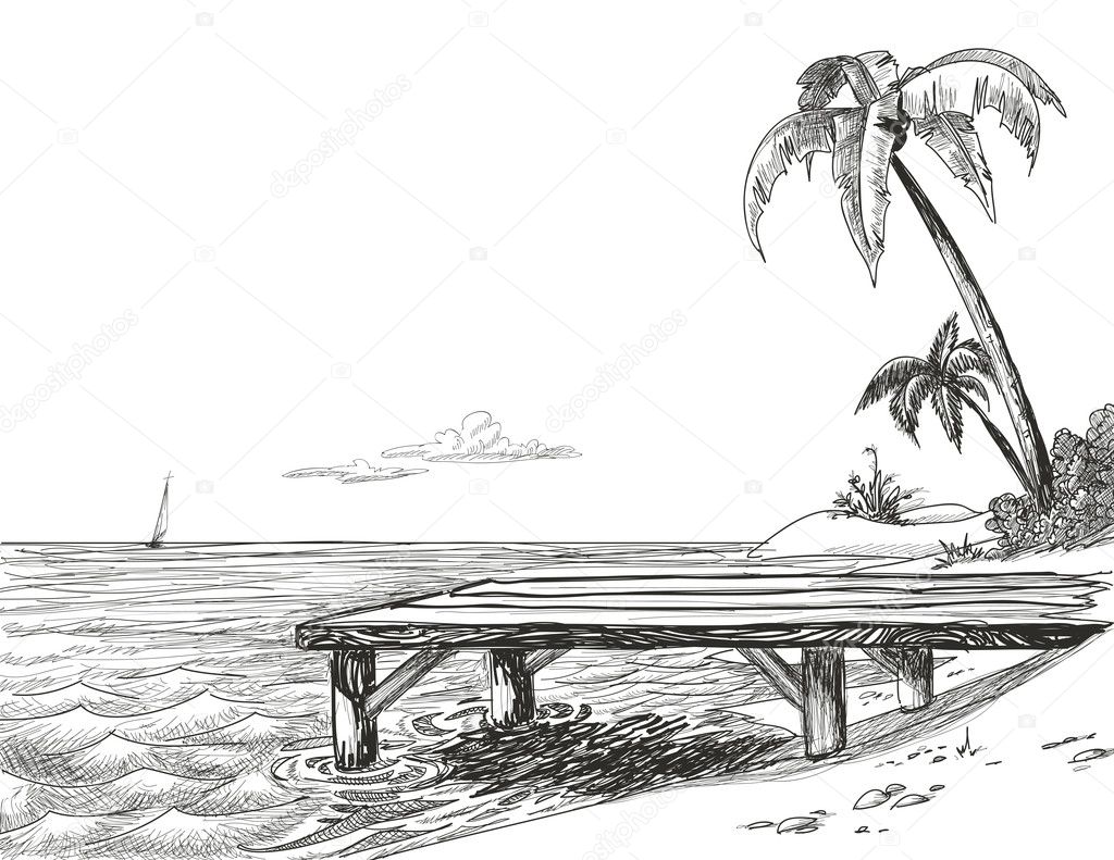 Beach, sea and wooden jetty