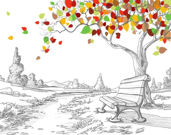 Podzimní strom, padající listí — Stockový vektor