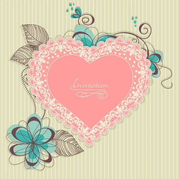 Fond romantique rétro, coeur en dentelle et fleurs — Image vectorielle