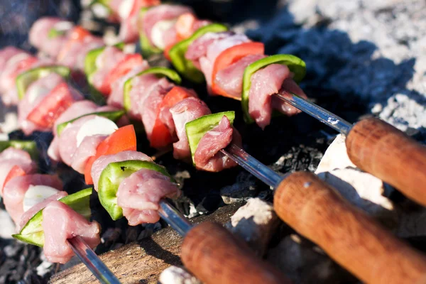 Rauw vlees spiesjes op grill — Stockfoto