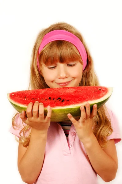 年轻的女孩吃西瓜 — Stockfoto