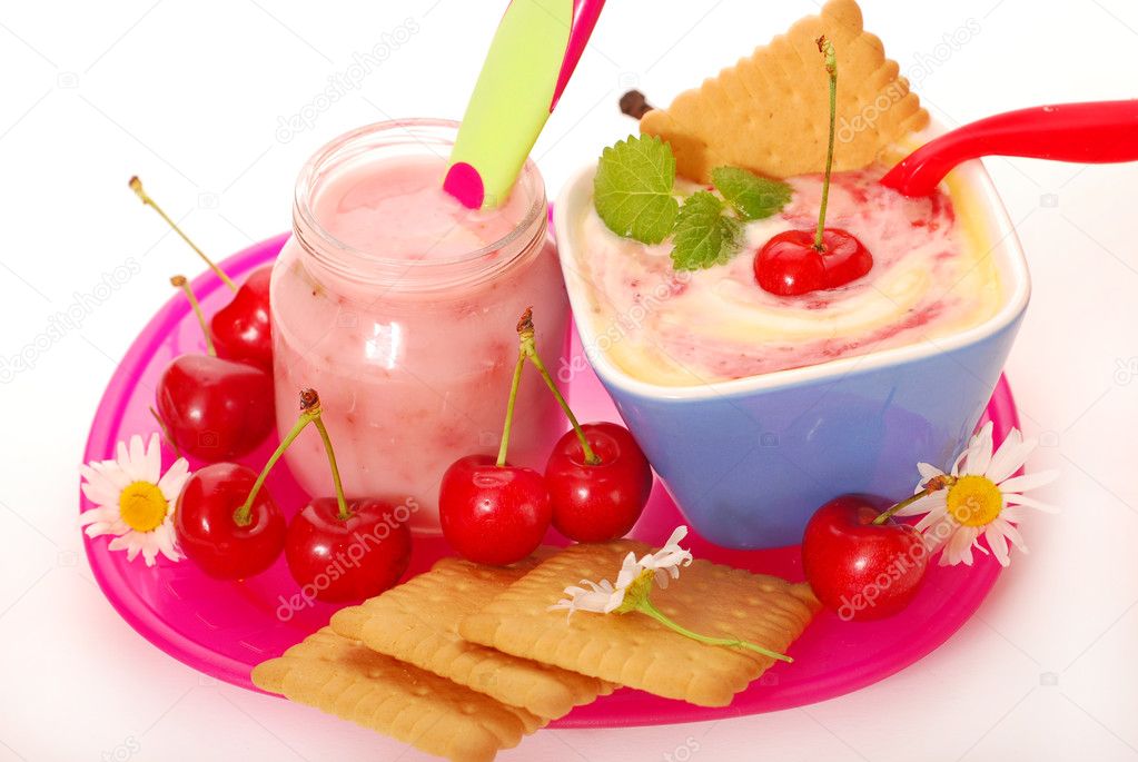 Yogurt and rice pudding with cherry for baby