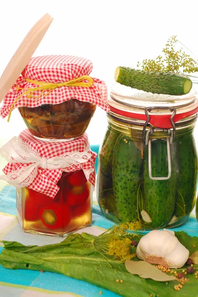 Jars of homemade vegetable preserves — Stock Photo, Image