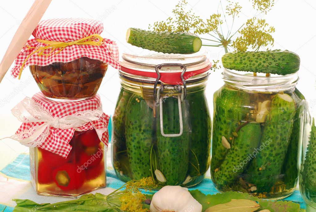 Jars of homemade vegetable preserves