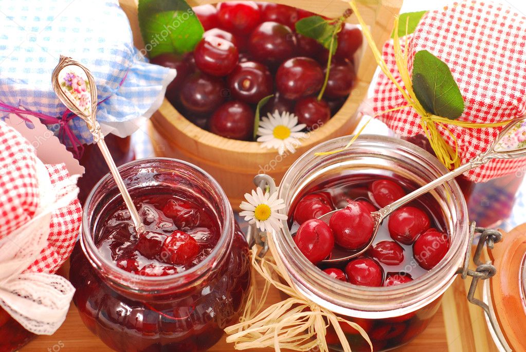 Jars of cherry preserves