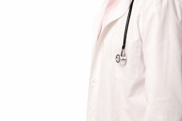 Unrecognizable doctor with stethoscope copy-space isolated on white background