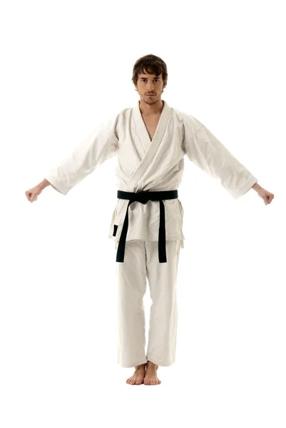 Karate fighter mężczyzna młody na białym tle — Zdjęcie stockowe