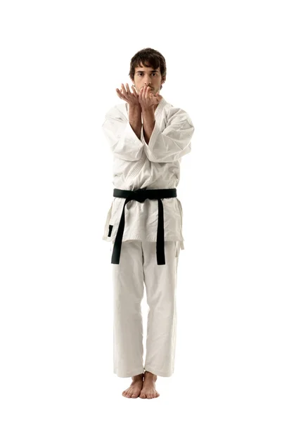 Karatê lutador masculino jovem isolado no fundo branco — Fotografia de Stock