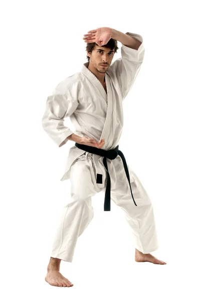 Karate muž bojovník mladé izolované na bílém pozadí — Stock fotografie