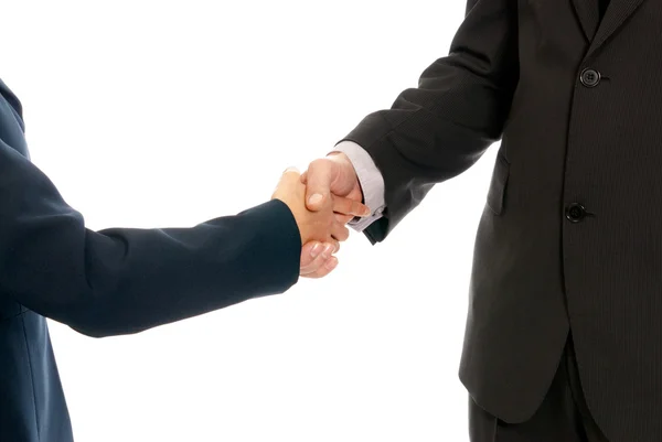 Handshake k nepoznání obchodní muž a žena, izolovaných na bílém poza — Stock fotografie