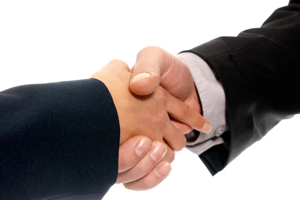 Handshake homem de negócios irreconhecível e mulher isolada no backgroun branco — Fotografia de Stock