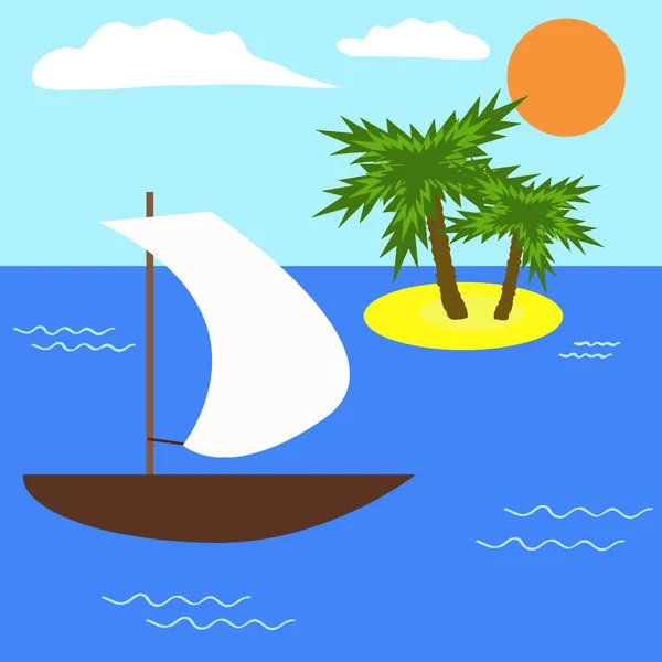 Bateau et île déserte avec deux palmiers — Image vectorielle