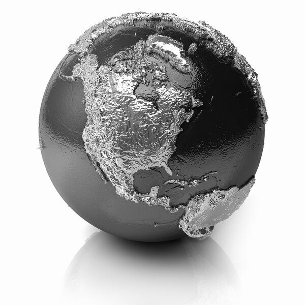 Silver globe - metal earth with realistic topography - north america, 3d render