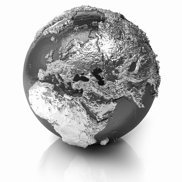 Silver globe - metal earth with realistic topography - europe, 3d render