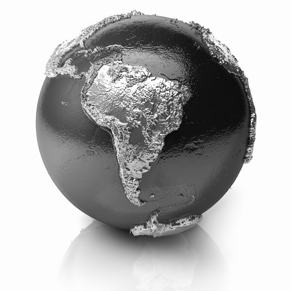 Silver globe - metal earth with realistic topography - south america; 3d render