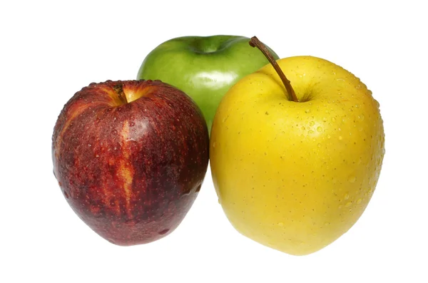 Tři vícebarevné jablka na bílém pozadí — Stock fotografie