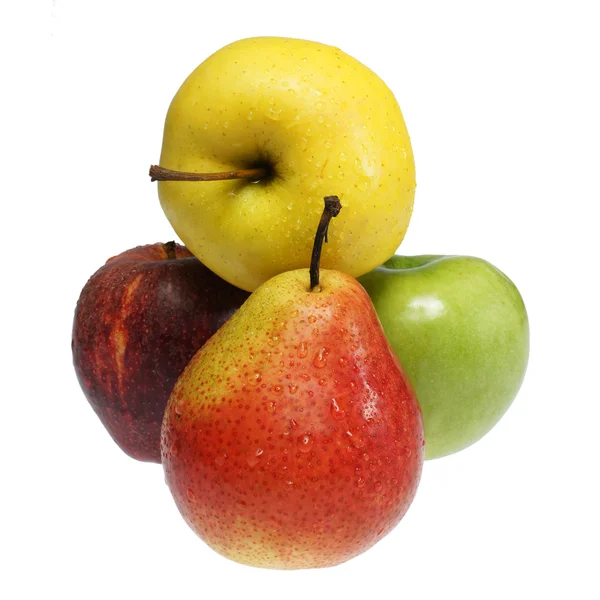 Tři jablka a hrušky na bílém pozadí — Stock fotografie