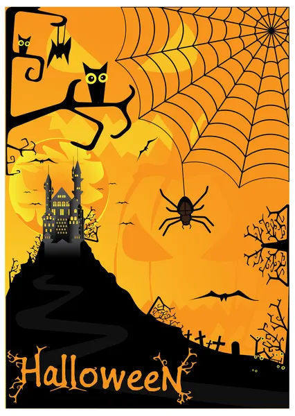 Векторный фон Хэллоуина с летучими пауками и совами — стоковый вектор