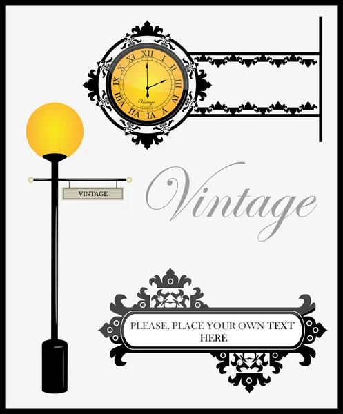 Старые уличные часы, лампы и знаки — стоковый вектор