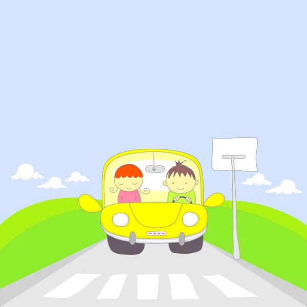 Nettes Cartoon-Paar mit dem Auto unterwegs — Stockvektor