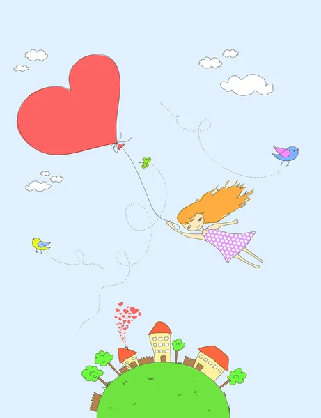 女孩与气球飞行 — 图库矢量图片
