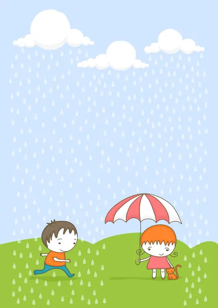 Милые дети под дождем — стоковый вектор