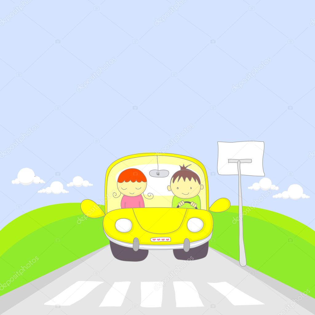 Cute cartoon couple traveling by car