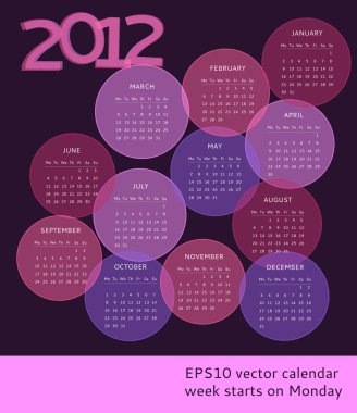 2012 calendar, week starts on Monday clipart