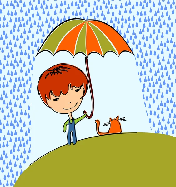 Jongen met kat in de regen — Stockvector