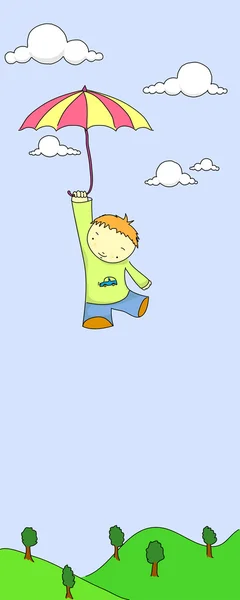Cartoon pojke flyger med ett paraply — Stock vektor