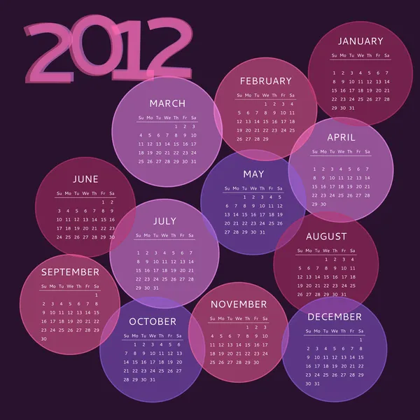 2012 calendar, week starts on Sunday — Stock Vector