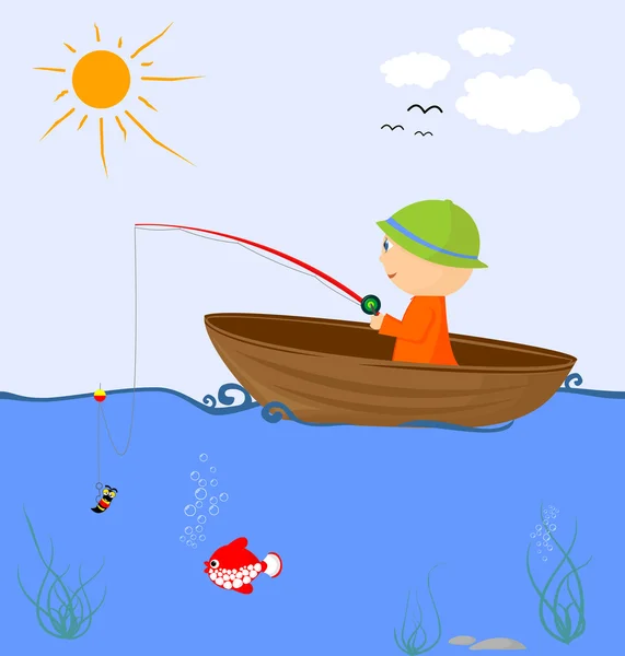 Cartoon fisherman in a boat — Stock Vector