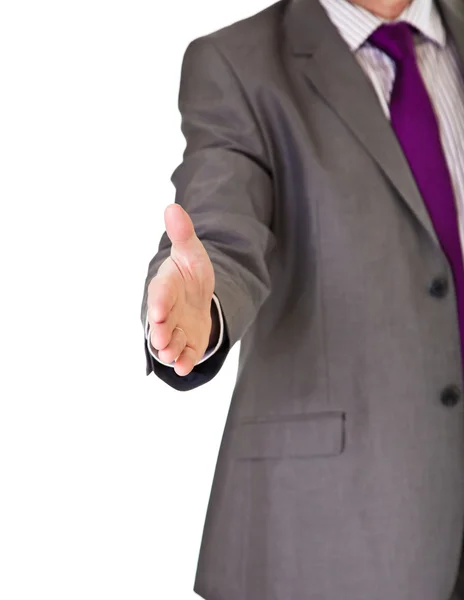 Empresário de terno aperto de mão isolado em branco — Fotografia de Stock
