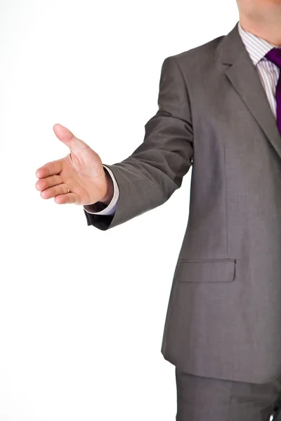 Empresário de terno aperto de mão isolado em branco — Fotografia de Stock