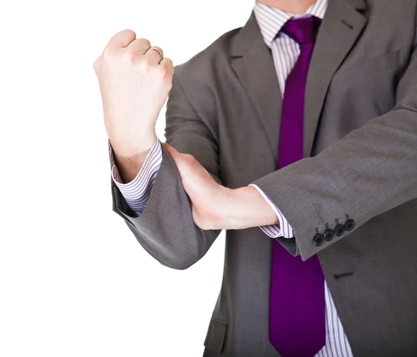 Homem de terno mostrando dedo médio isolado em branco — Fotografia de Stock