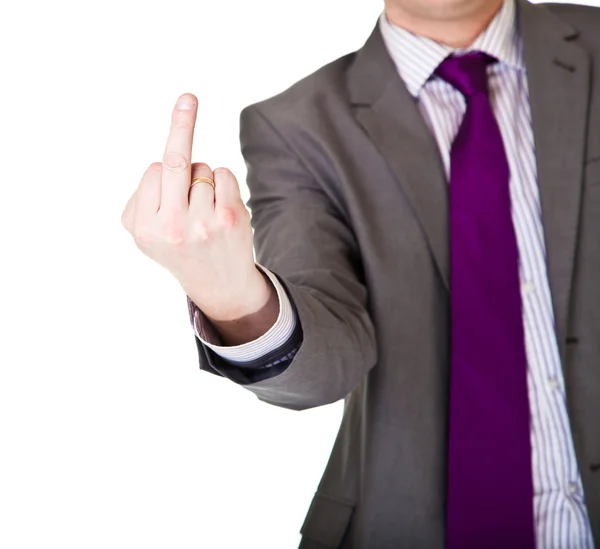 Homem de terno mostrando dedo médio isolado em branco — Fotografia de Stock