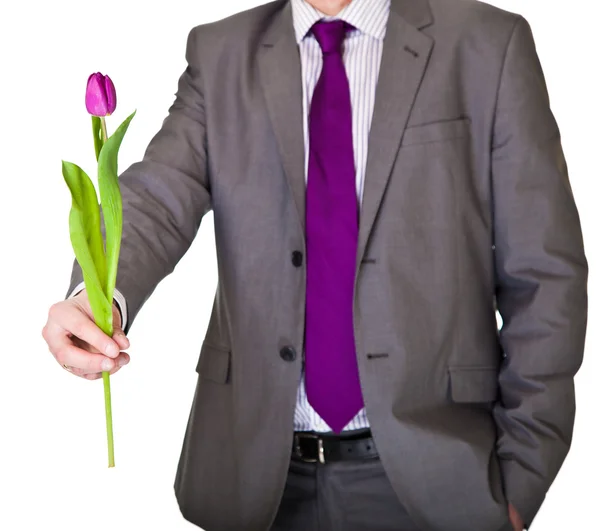 Férfi öltöny, nyakkendő, gazdaság, elszigetelt fehér tulipán virág — Stock Fotó