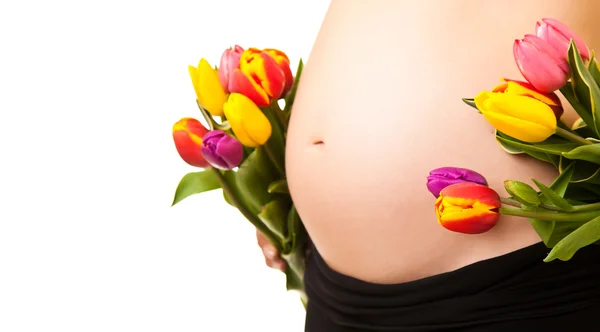 Donna incinta pancia con fiori di tulipano — Foto Stock