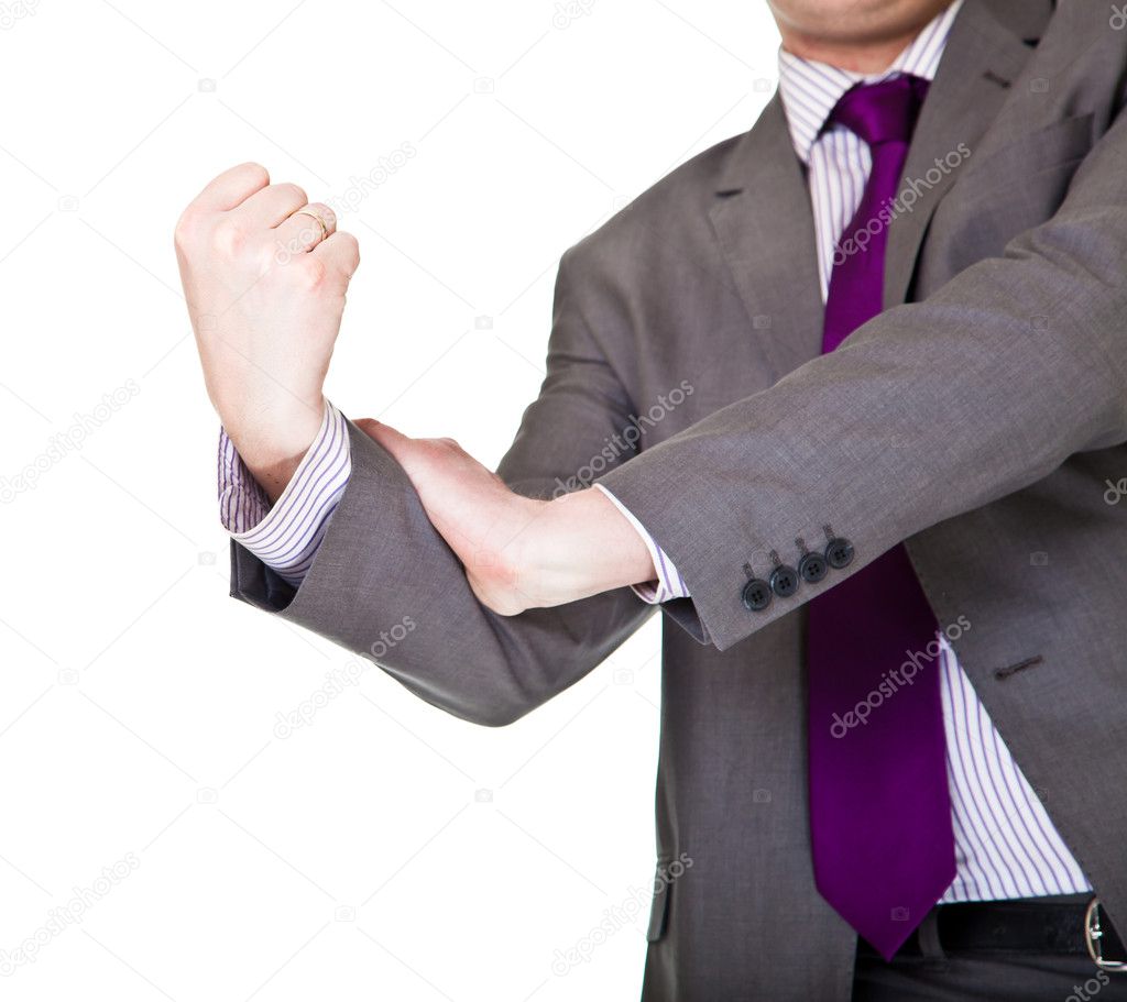 Man in suit showing middle finger isolated on white