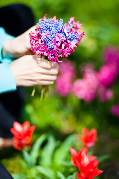 Woman holding flowers bouquet — Stock Photo, Image