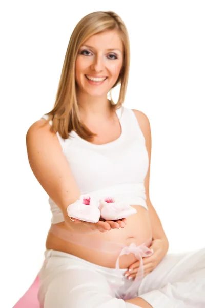 Gravid blond kvinna isolerad på vit — Stockfoto