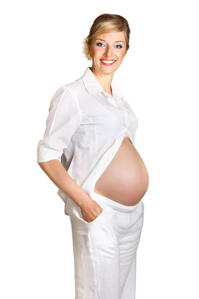Gravid kvinde isoleret på hvid - Stock-foto