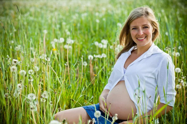 孕妇坐在绿色的原野上 — 图库照片